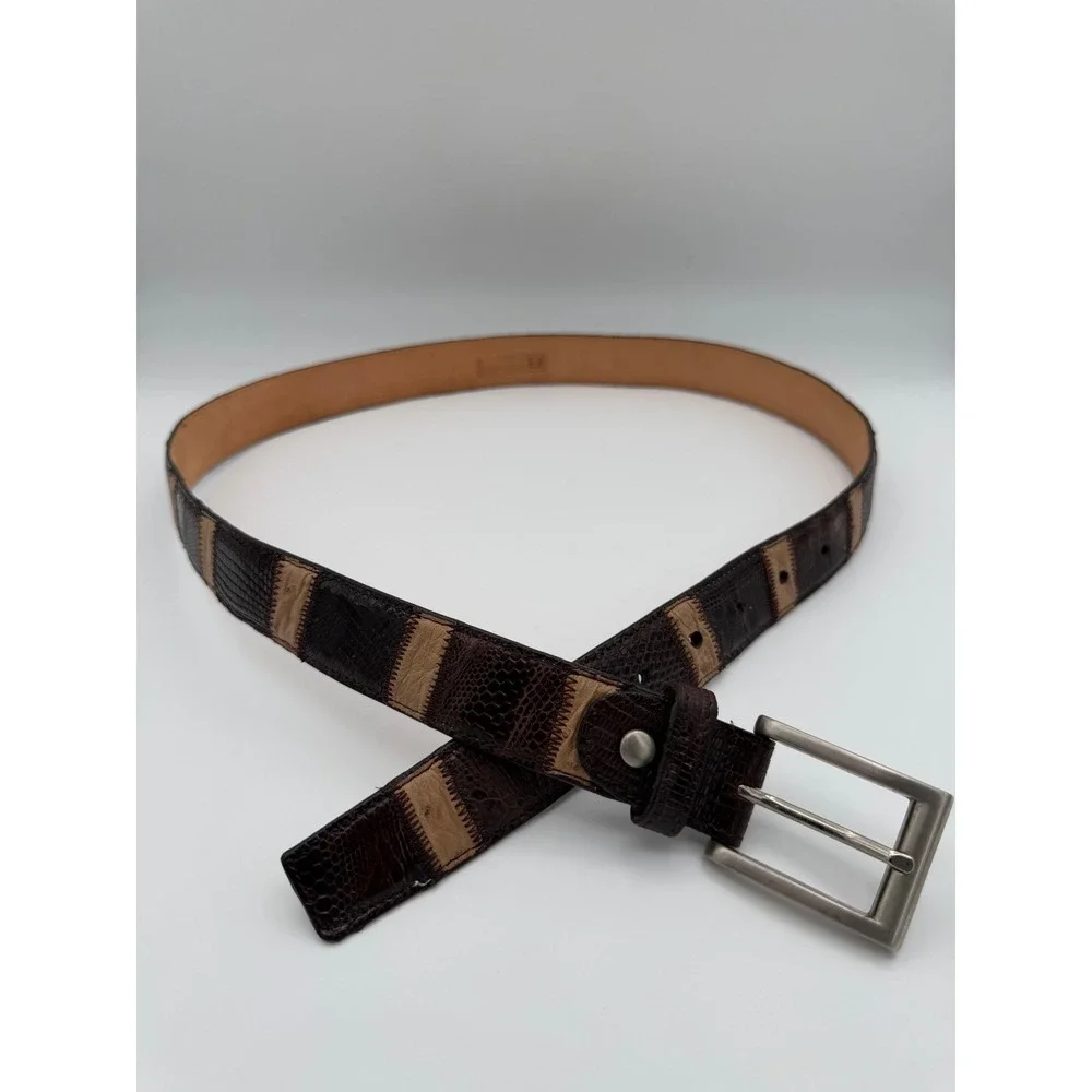 Exotic Lizard Ostrich Skin Belt Mens 38 Brown Patchwork Leather Mexico 8993